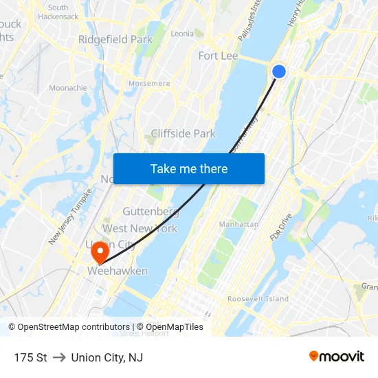 175 St to Union City, NJ map