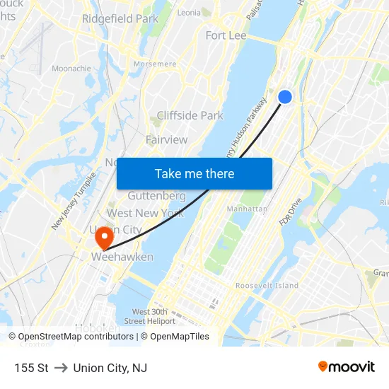 155 St to Union City, NJ map