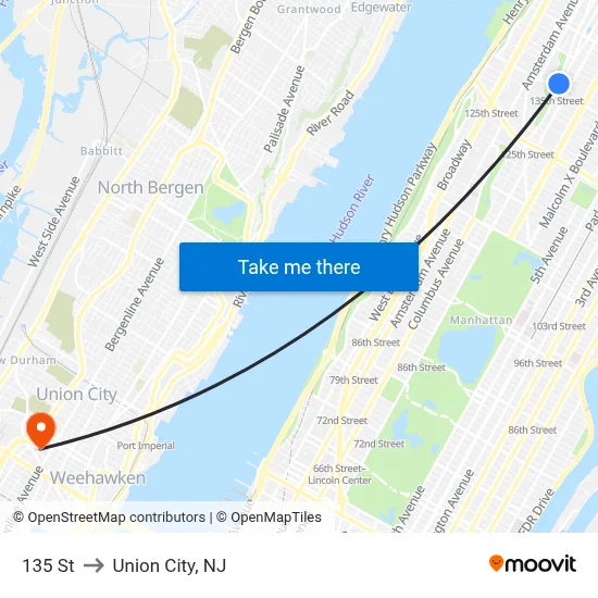 135 St to Union City, NJ map