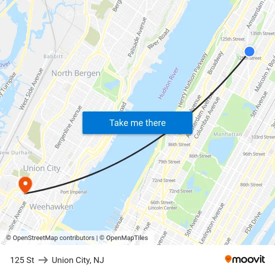 125 St to Union City, NJ map