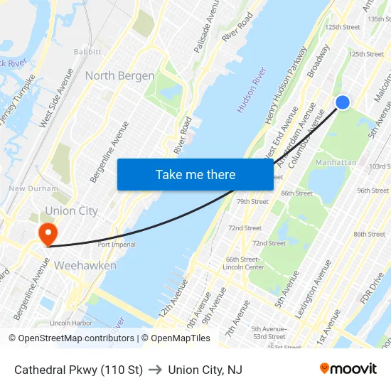 Cathedral Pkwy (110 St) to Union City, NJ map