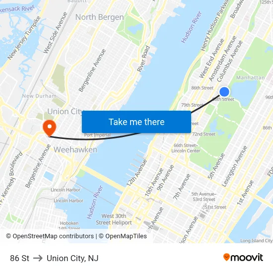 86 St to Union City, NJ map