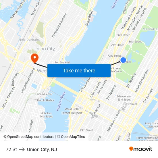 72 St to Union City, NJ map