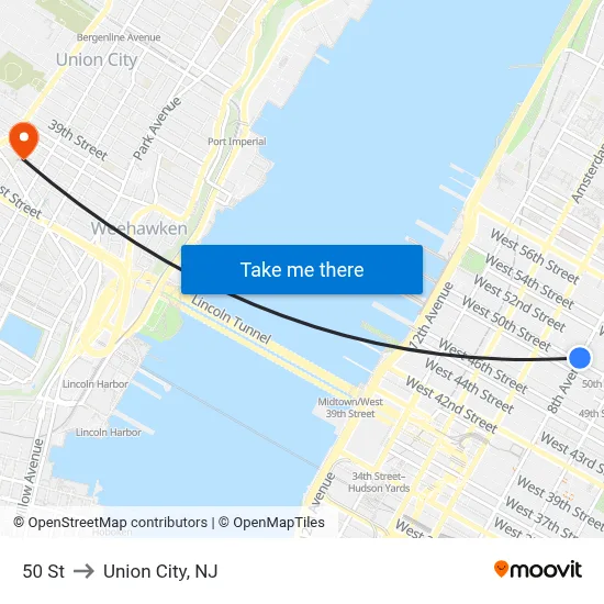 50 St to Union City, NJ map