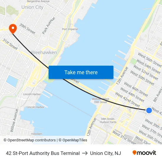 42 St-Port Authority Bus Terminal to Union City, NJ map