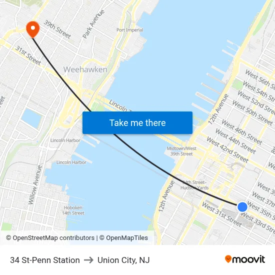 34 St-Penn Station to Union City, NJ map