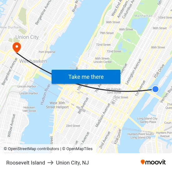 Roosevelt Island to Union City, NJ map