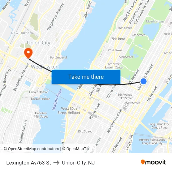 Lexington Av/63 St to Union City, NJ map