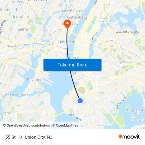 55 St to Union City, NJ map