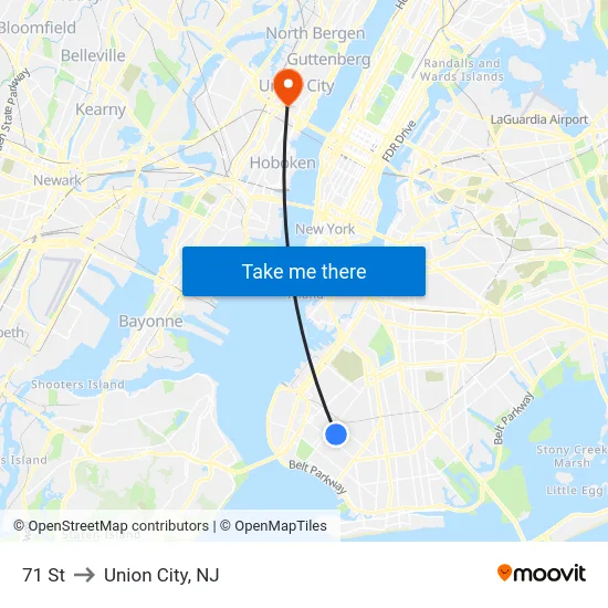 71 St to Union City, NJ map