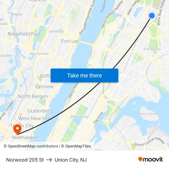Norwood-205 St to Union City, NJ map