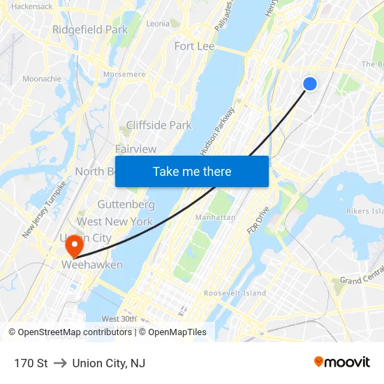 170 St to Union City, NJ map