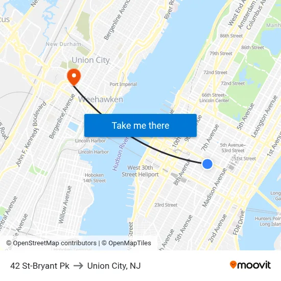 42 St-Bryant Pk to Union City, NJ map
