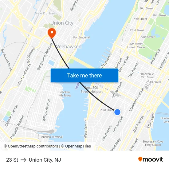 23 St to Union City, NJ map
