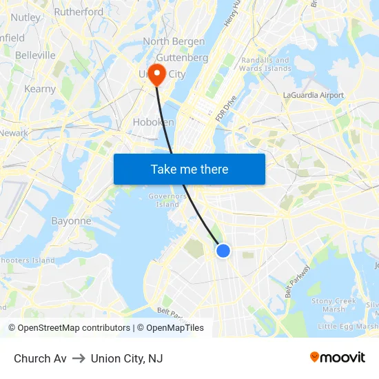 Church Av to Union City, NJ map