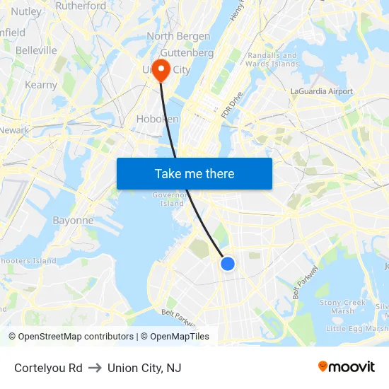 Cortelyou Rd to Union City, NJ map