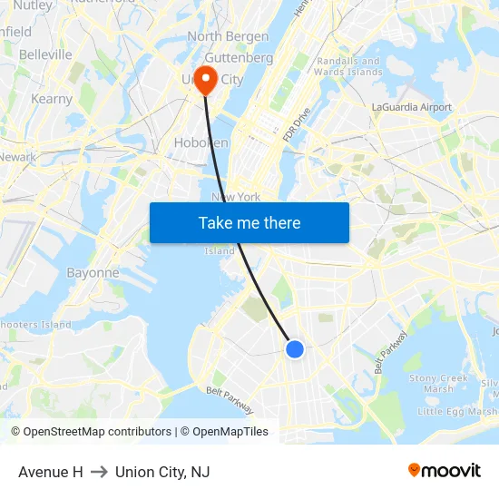 Avenue H to Union City, NJ map