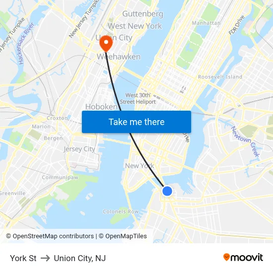 York St to Union City, NJ map