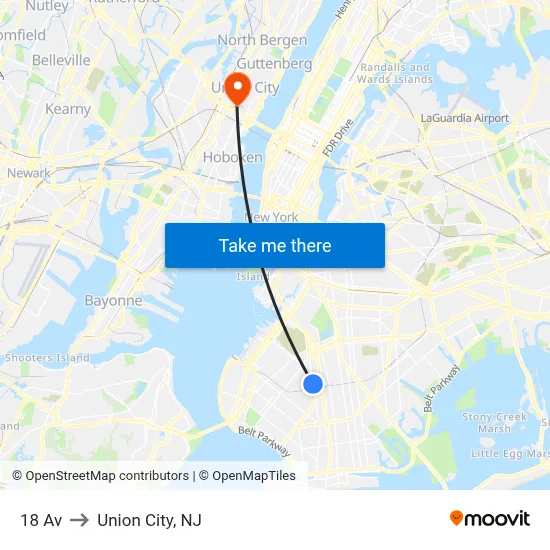 18 Av to Union City, NJ map
