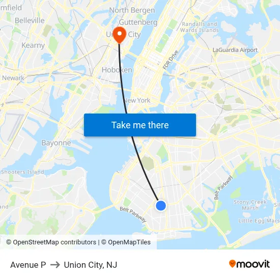 Avenue P to Union City, NJ map