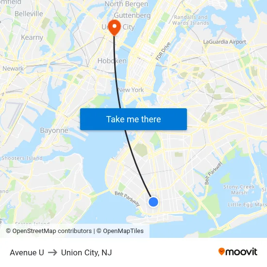 Avenue U to Union City, NJ map