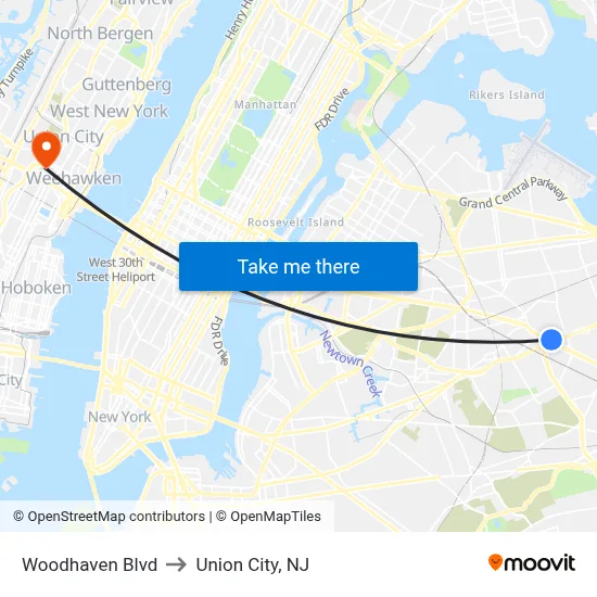 Woodhaven Blvd to Union City, NJ map