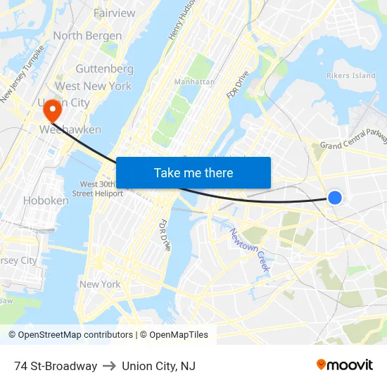 74 St-Broadway to Union City, NJ map