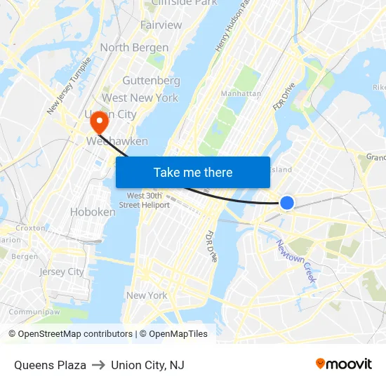 Queens Plaza to Union City, NJ map