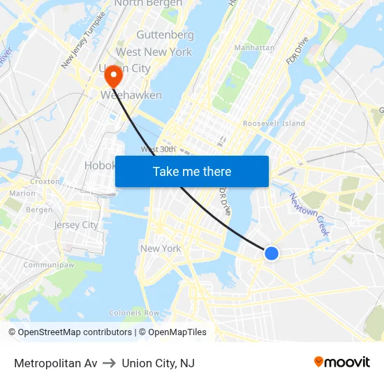 Metropolitan Av to Union City, NJ map