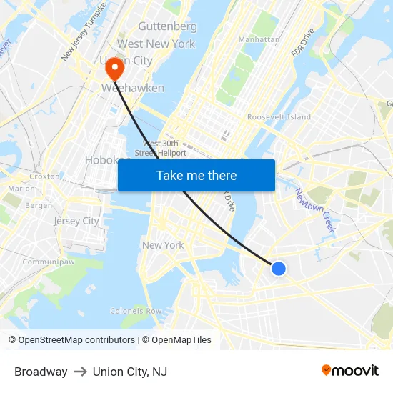 Broadway to Union City, NJ map