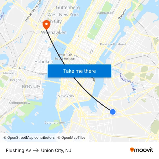 Flushing Av to Union City, NJ map