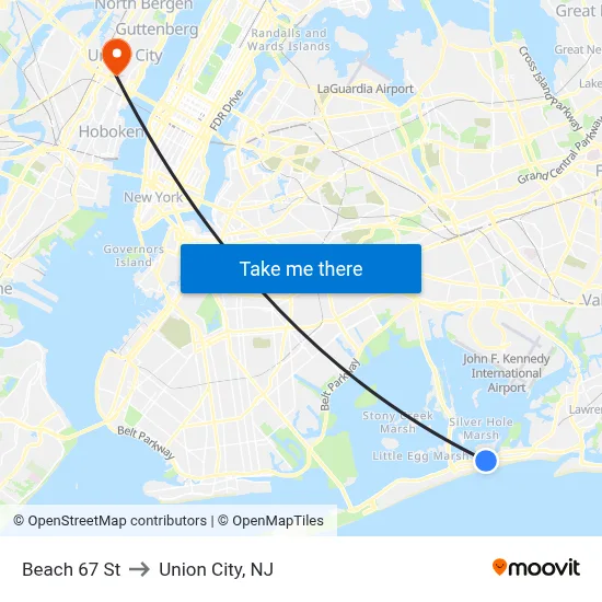 Beach 67 St to Union City, NJ map