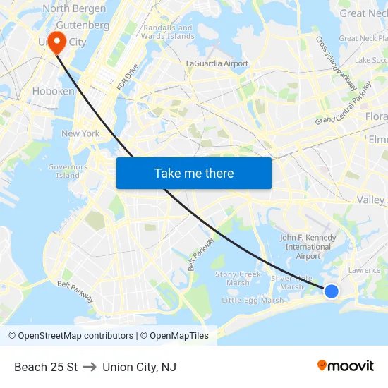 Beach 25 St to Union City, NJ map