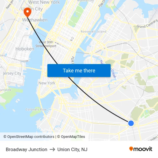 Broadway Junction to Union City, NJ map