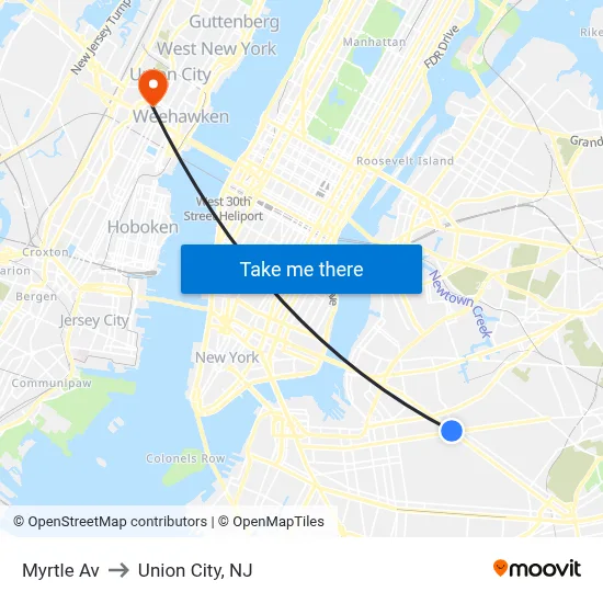 Myrtle Av to Union City, NJ map