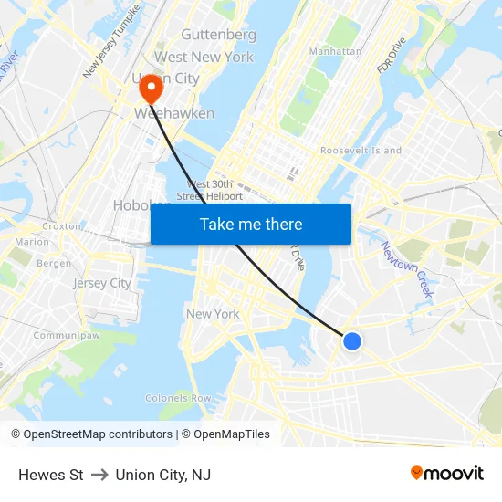 Hewes St to Union City, NJ map