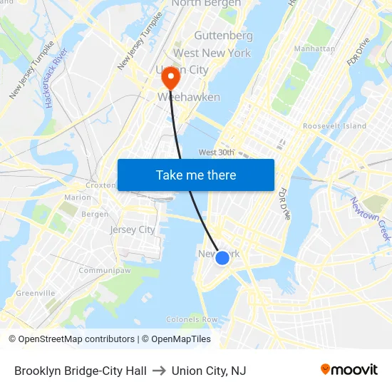 Brooklyn Bridge-City Hall to Union City, NJ map