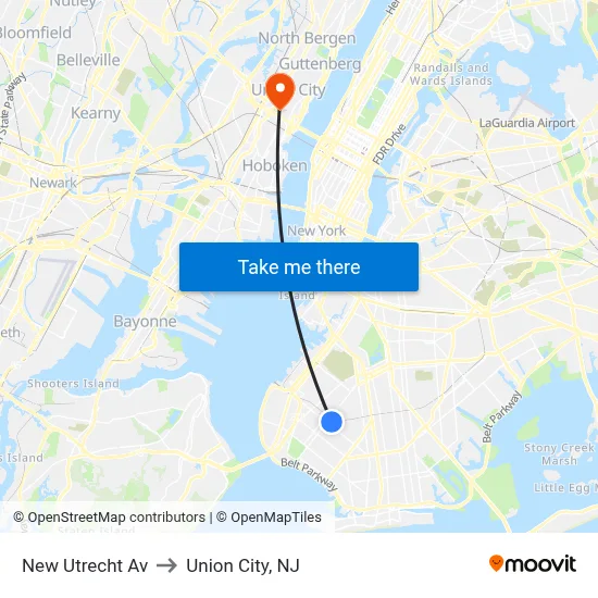 New Utrecht Av to Union City, NJ map