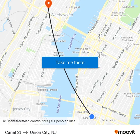 Canal St to Union City, NJ map