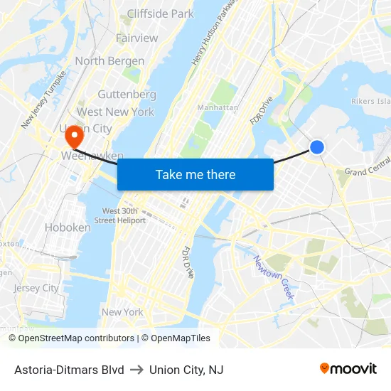 Astoria-Ditmars Blvd to Union City, NJ map