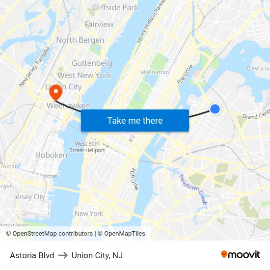 Astoria Blvd to Union City, NJ map