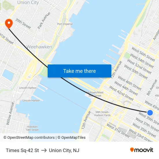 Times Sq-42 St to Union City, NJ map