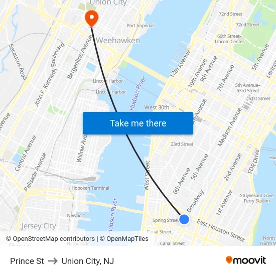 Prince St to Union City, NJ map