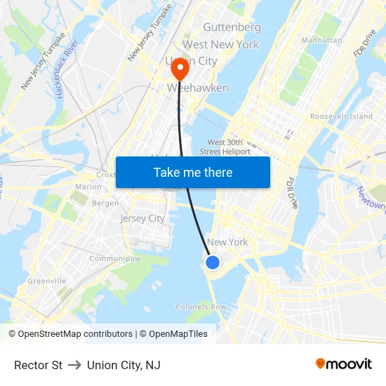 Rector St to Union City, NJ map