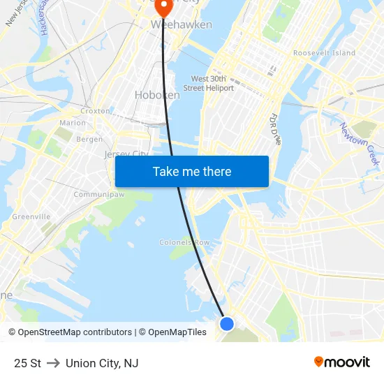 25 St to Union City, NJ map