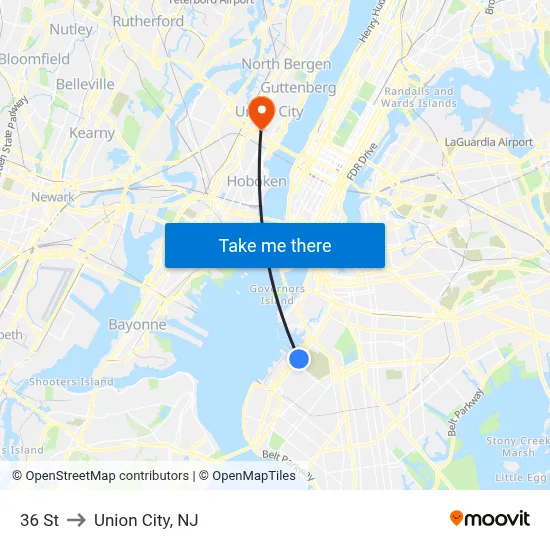 36 St to Union City, NJ map