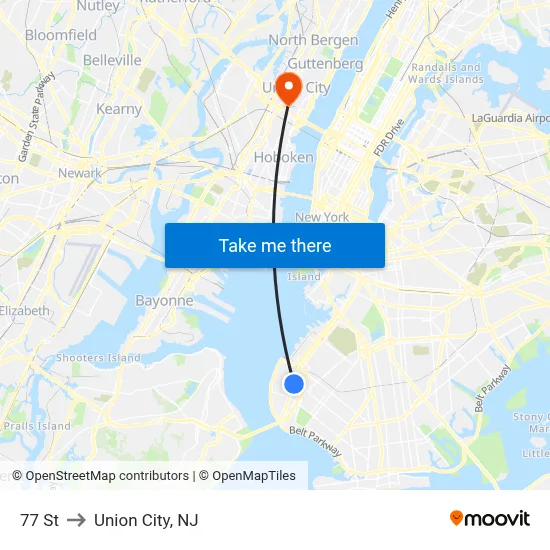 77 St to Union City, NJ map