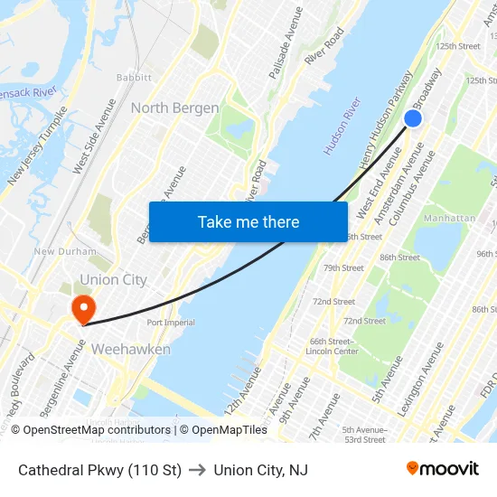 Cathedral Pkwy (110 St) to Union City, NJ map