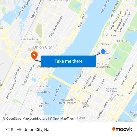 72 St to Union City, NJ map