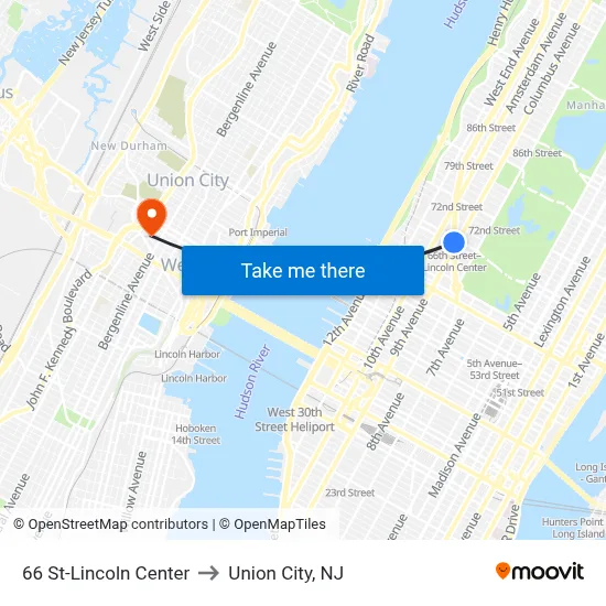66 St-Lincoln Center to Union City, NJ map